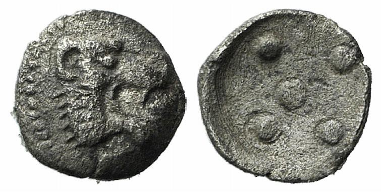 Sicily, Leontini, c. 476-466 BC. AR Pentonkion (5mm, 0.15g). Head of roaring lio...