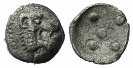 Sicily, Leontini, c. 476-466 BC. AR Pentonkion (5mm, 0.15g). Head of roaring lion r. R/ Five pellets (mark of value). Boehringer, Münzgeschichte 17; H...
