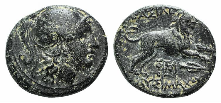 Kings of Thrace, Lysimachos (305-281 BC). Æ (19mm, 4.88g, 12h). Helmeted head of...
