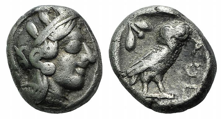 Attica, Athens, c. 454-404 BC. AR Drachm (14mm, 4.15g, 7h). Helmeted head of Ath...