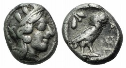 Attica, Athens, c. 454-404 BC. AR Drachm (14mm, 4.15g, 7h). Helmeted head of Athena r. R/ Owl standing r., head facing; olive sprig and crescent behin...