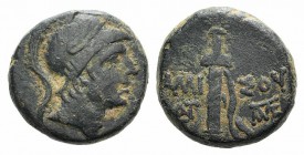 Pontos, Amisos, time of Mithradates VI, c. 85-65 BC. Æ (19mm, 8.65g, 12h). Young male head r., in crested helmet. R/ Sword in sheath, monograms flanki...
