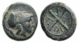 Bithynia, Apameia (as Myrleia), before 202 BC. Æ (13mm, 3.95g). Helmeted head of Athena r. R/ M-Y-P-Λ, four-spoked wheel. SNG Copenhagen 330; HGC 7, 5...