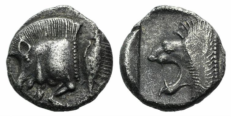 Mysia, Kyzikos, c. 450-400 BC. AR Diobol (9mm, 1.22g, 12h). Forepart of boar l.;...