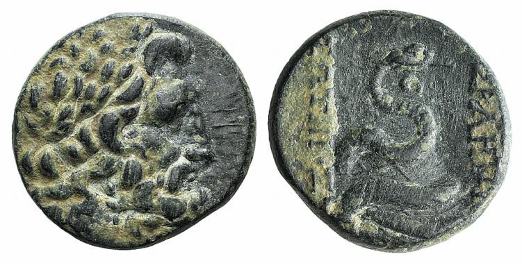 Mysia, Pergamon, c. 133-27 BC. Æ (19mm, 6.20g, 12h). Laureate head of Asklepios ...