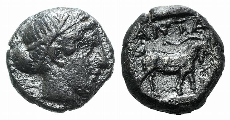 Troas, Antandros, late 5th century BC. AR Diobol (9mm, 1.72g, 3h). Head of Artem...