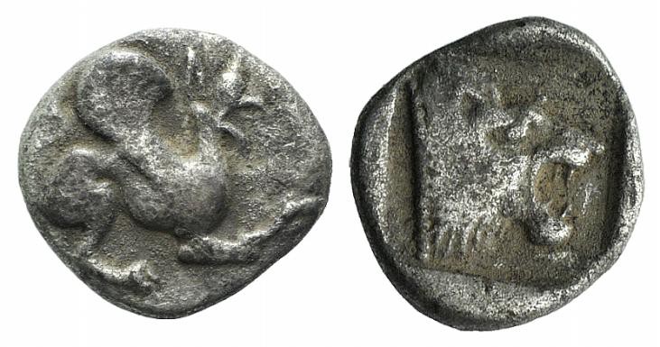 Troas, Assos, 5th century BC. AR Obol (8mm, 0.55g, 9h). Griffin r. R/ Lion’s hea...