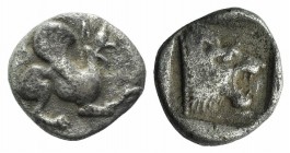 Troas, Assos, 5th century BC. AR Obol (8mm, 0.55g, 9h). Griffin r. R/ Lion’s head r. within incuse square. Weber 5318; BMC 3. VF