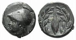 Aeolis, Elaia, mid 4th-3rd century BC. Æ (10mm, 1.52g, 3h). Helmeted head of Athena l. R/ Grain-seed within olive-wreath. SNG Copenhagen 171-172. Good...