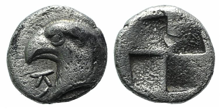 Aeolis, Kyme, c. 450-400 BC. AR Hemiobol (6mm, 0.50g). Head of eagle l.; K to l....