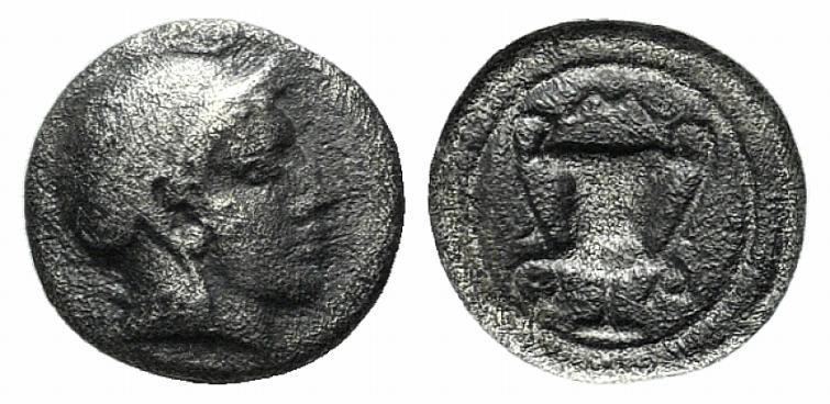 Lesbos, Methymna, c. 450-379 BC. AR Obol (6mm, 0.42g, 4h)). Helmeted head of Ath...