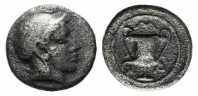 Lesbos, Methymna, c. 450-379 BC. AR Obol (6mm, 0.42g, 4h)). Helmeted head of Athena r. R/ Kantharos. Franke 12; HGC 6, 904. VF