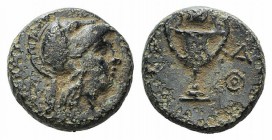 Lesbos, Methymna, c. 350-240 BC. Æ (10mm, 1.82g, 3h). Helmeted head of Athena r. R/ Kantharos; uncertain symbol above. Franke 22; HGC 6, 916. Green pa...