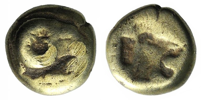Lesbos, Mytilene, c. 521-478 BC. EL Hekte (10mm, 2,38g, 9h). Head of a ram r.; b...