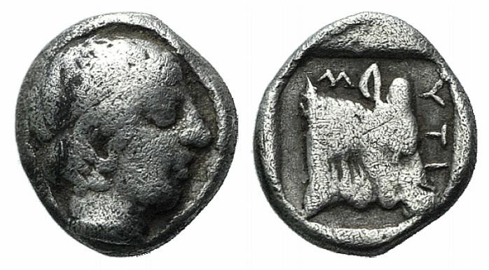 Lesbos, Mytilene, c. 400-350 BC. AR Obol (7mm, 0.64g, 6h). Laureate head of Apol...
