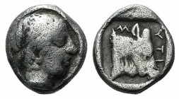 Lesbos, Mytilene, c. 400-350 BC. AR Obol (7mm, 0.64g, 6h). Laureate head of Apollo r. R/ Calf’s head r. SNG Copenhagen 370; HGC 6, 103. Good Fine
