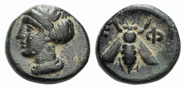 Ionia, Ephesos, c. 375 BC. Æ (9mm, 1.48g, 12h). Female head l. R/ Bee. SNG Copen...