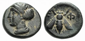 Ionia, Ephesos, c. 375 BC. Æ (9mm, 1.48g, 12h). Female head l. R/ Bee. SNG Copenhagen 256; SNG von Aulock 1839. Green patina, VF