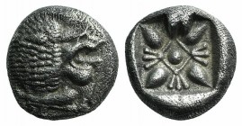 Ionia, Miletos, late 6th-early 5th century BC. AR Diobol (8mm, 1.14g). Forepart of a lion l., head r. R/ Stellate design within square incuse. SNG Kay...