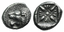 Ionia, Miletos, late 6th-early 5th century BC. AR Diobol (7mm, 0.82g). Forepart of a lion r., head l. R/ Stellate design within square incuse. SNG Kay...