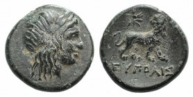 Ionia, Miletos, c. 350-325 BC. Æ (12mm, 1.95g, 12h). Eupolis, magistrate. Laureate head of Apollo r. R/ Lion standing r., head l.; star above. Cf. SNG...