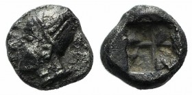 Ionia, Phokaia, c. 521-478 BC. AR Obol (6mm, 0.65g). Female head l., wearing helmet or close fitting cap. R/ Quadripartite incuse square. Cf. SNG Kayh...