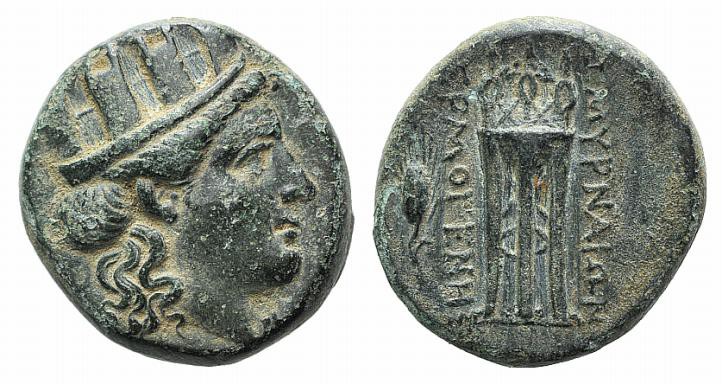 Ionia, Smyrna, c. 220-190 BC. Æ (16mm, 5.15g, 12h). Ermogenes, magistrate. Turre...