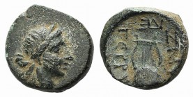 Ionia, Smyrna, c. 115-105 BC. Æ (9mm, 1.14g, 12h). Gerru-, magistrate. Laureate head of Apollo r. R/ Lyre; monogram above. SNG Copenhagen 1182. Green ...