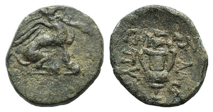 Ionia, Teos, c. 370-330 BC. Æ (17mm, 3.33g, 12h). Pythion, magistrate. Griffin s...