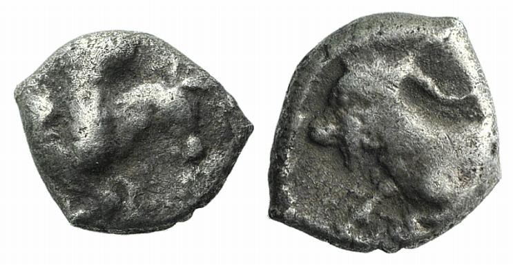 Caria, Halikarnassos, 5th century BC. AR Obol (7mm, 0.69g, 3h). Forepart of Pega...