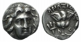 Islands of Caria, Rhodos. Rhodes, c. 229-205 BC. AR Hemidrachm (9mm, 1.18g). Anaxia[…], magistrate. Three-quarter facing head of Helios, head turned s...