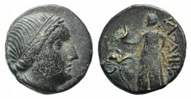 Phrygia, Laodicea, 2nd-1st century BC. Æ (15mm, 3.84g, 12h). Head of Aphrodite r. wearing stephane. R/ Aphrodite standing l., holding dove; rose to l....