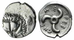 Dynasts of Lycia, Trbbenimi (c. 380-370 BC). AR Tetrobol (14.5mm, 2.62g). Facing lion's scalp. R/ Triskeles. Cf. SNG von Aulock 4215. Obv. off-centre,...