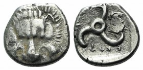 Dynasts of Lycia, Mithrapata (c. 390-370 BC). AR Tetrobol (14.5mm, 3.06g). Facing lion’s scalp. R/ Triskeles; facing head of Herakles to l.; all withi...