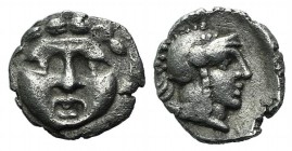 Pamphylia, Aspendos, c. 420-360 BC. AR Obol (8mm, 0.46g, 3h). Facing gorgoneion. R/ Helmeted head of Athena right. SNG BnF 31. VF - Good VF