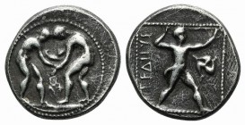 Pamphylia, Aspendos, c. 380/75-330/25 BC. AR Stater (22mm, 7.93g, 12h). Two wrestlers grappling; AΦ between. R/ Slinger in throwing stance r.; triskel...