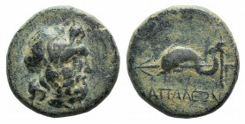 Pamphylia, Attaleia, c. 159-100 BC. Æ (15mm, 4.78g, 9h) Laureate head of Poseidon r. R/ Dolphin l.; behind, anchor r. SNG BnF 224. Green patina, VF