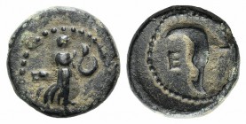 Pisidia, Etenna, 1st century BC. Æ (12mm, 1.89g, 12h). Nymph advancing r., struggling with serpent. R/ E–T flanking sickle-shaped knife. SNG BnF 1537....