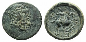 Pisidia, Isinda, 2nd-1st century BC. Æ (21mm, 5.96g, 1h). Laureate head of Zeus r. R/ Horseman galloping r., spearing serpent. SNG BnF 1576. Green pat...