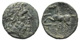 Pisidia, Termessos, 1st century BC. Æ (17mm, 3.36g, 1h). Dated CY 1 (72/1 BC). Laureate head of Zeus r. R/ Horse galloping l.; A (date) above. SNG BnF...