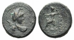 Lycaonia, Eikonion, c. 1st century AD. Æ (18mm, 5.97g, 12h). Bust of Perseus seen from behind, holding harpa and gorgoneion's head. R/ Zeus seated l.,...