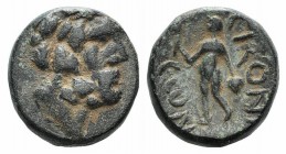 Lycaonia, Eikonion, c. 1st century BC. Æ (13mm, 3.01g, 12h). Laureate head of Zeus r. R/ Naked Perseus standing L., holding harpa and gorgon's head. S...