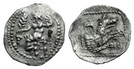 Lycaonia, Laranda, c. 324/3 BC. AR Obol (12mm, 0.36g, 3h). Baaltars seated l., holding grain ear, grape bunch, and sceptre. R/ Forepart of wolf r.; in...