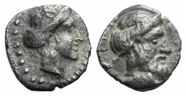 Cilicia, Nagidos, c. 400-380 BC. AR Obol (7.5mm, 0.64g, 5h). Head of Aphrodite r. R/ Wreathed and bearded head of Dionysos r. Cf. SNG BnF 14-5; cf. SN...