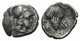 Cilicia, Soloi, c. 410-375 BC. AR Obol (8mm, 0.52g, 2h). Helmeted head of Athena r. R/ Bunch of grapes with tendril to l. SNG BnF 185; cf. SNG Levante...