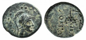 Cilicia, Soloi, c. 100-30 BC. Æ (15mm, 3.61g, 12h). Helmeted head of Athena r. R/ Grape bunch; two monograms to r. SNG BnF 1182. Green patina, near VF...