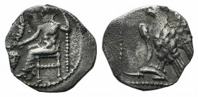Cilicia, Uncertain, 4th century BC. AR Obol (10mm, 0.86g, 11h). Baaltars seated l., holding grain ear, grape-bunch and sceptre. R/ Eagle standing l. o...