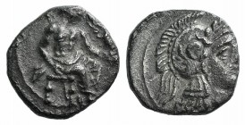 Cilicia, Uncertain, 4th century BC. AR Obol (8mm, 0.71g, 6h). Helmeted head of Athena r. R/ Baaltars seated r., holding eagle; thymaterion to l. SNG B...