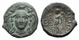 Seleukid Kings, Antiochos I (281-261 BC). Æ (13mm, 2.38g, 12h). Smyrna. Head of Athena facing. R/ Nike standing l., holding wreath and plam branch; mo...