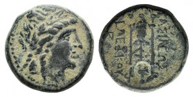 Seleukid Kings, Seleukos II (246-225 BC). Æ (17mm, 5.79g, 6h). Antioch on the Orontes. Laureate head of Apollo r. R/ Tripod; monogram to outer l.; c/m...